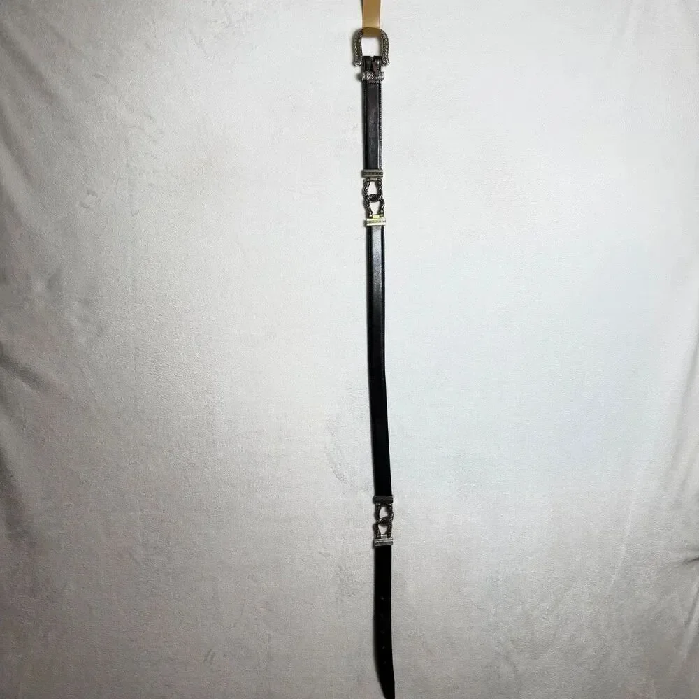 Vintage Talbots Black Leather Belt Silver Tone Knot Buckle Large 1996 Western